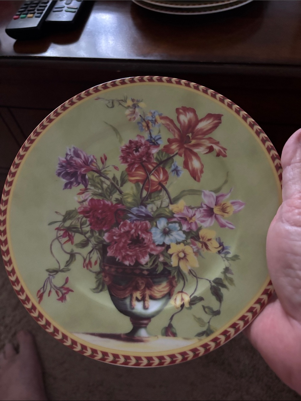 Limoges Green porcelain Dish with Blue and floral mix and Rust Stamp